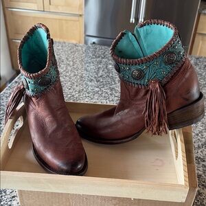Corral Distressed Brown and Turquoise Ankle Boots
